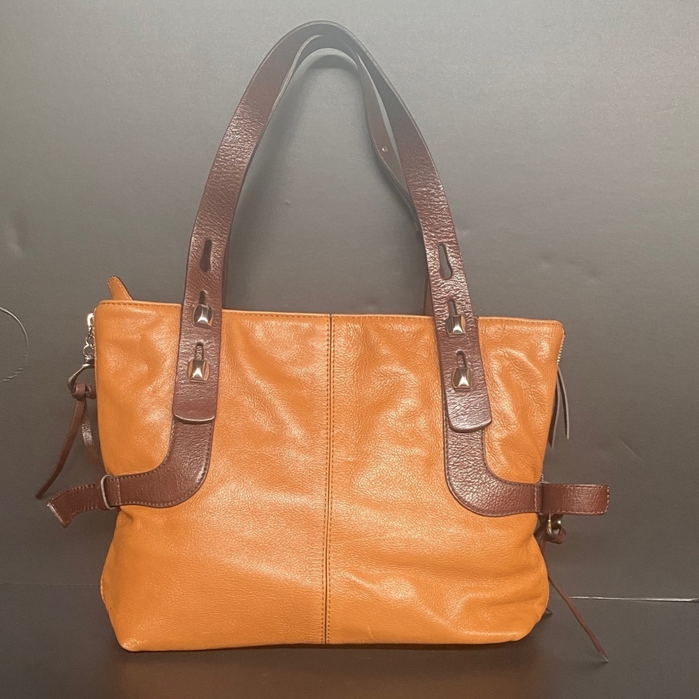 Francesco Biasia Leather Zip Stud Strap Purse Caramel Chocolate